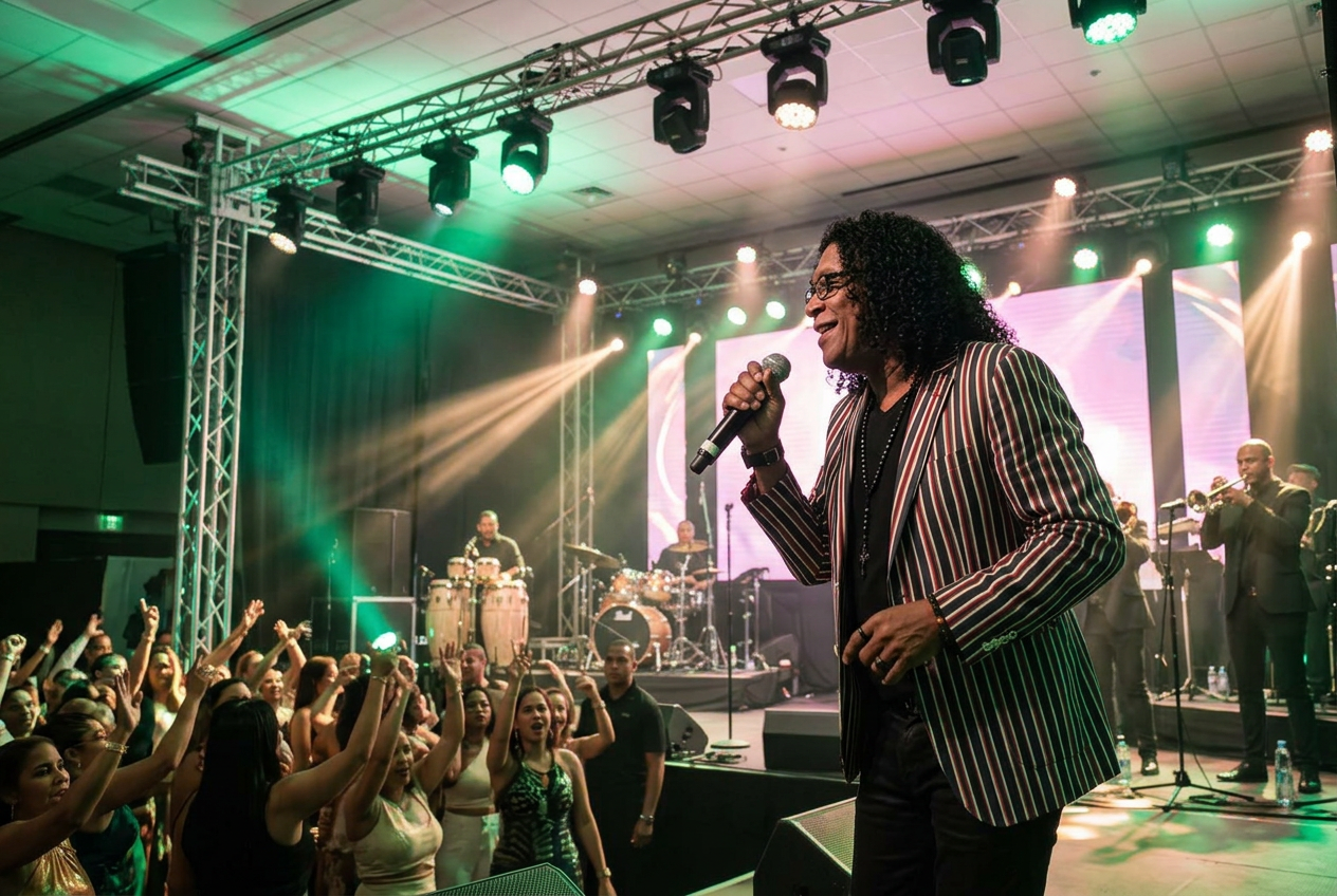 Sergio Vargas performing with his band on an indoor concert stage